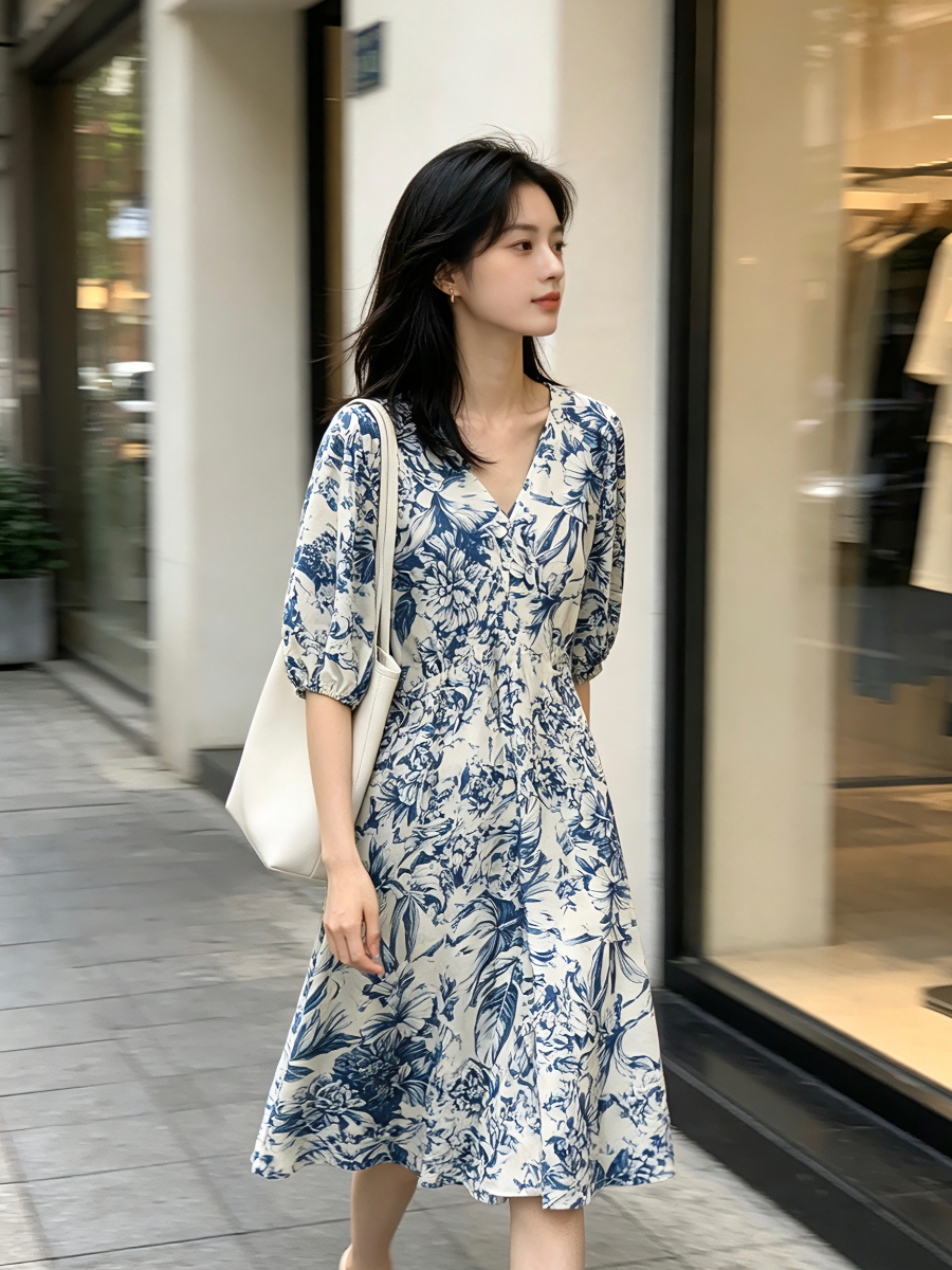 新国风重磅真丝连衣裙 青花瓷 桑蚕丝裙子 泡泡袖 民族风夏季女装