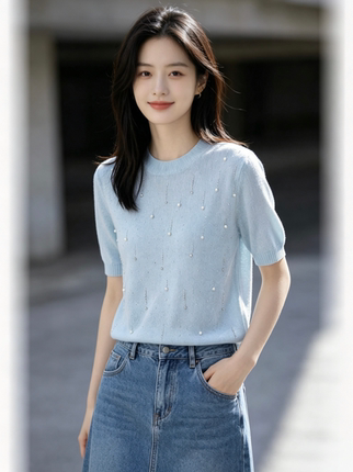 百家好同款蓝色针织短袖T恤钉珠休闲上衣女2026夏季穿搭