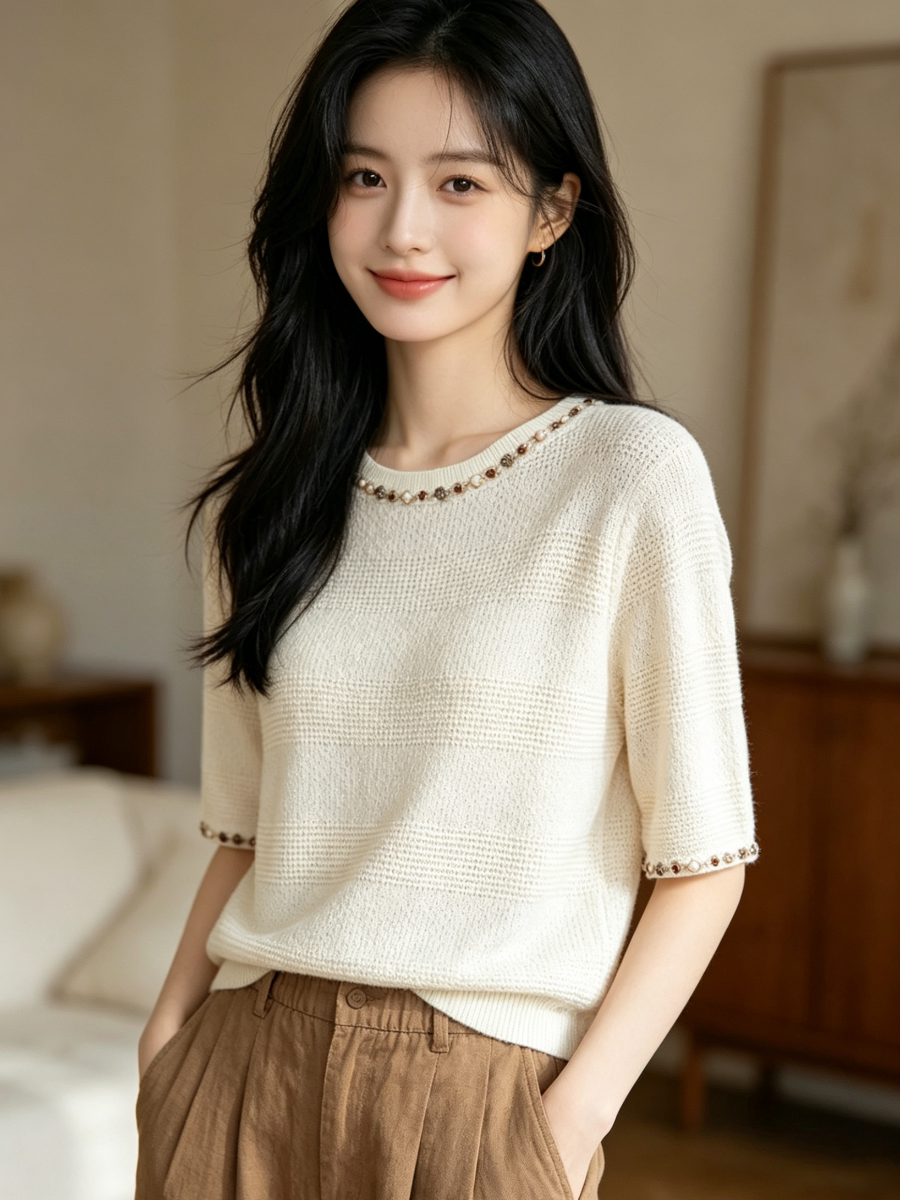 女式天丝亚麻花边圆领短袖女夏季新款轻薄透气感五分袖T恤衫潮