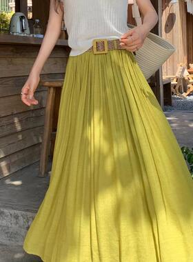 2025年夏季西式纯色褶裥时尚a字裙新款带优雅褶皱休闲裙