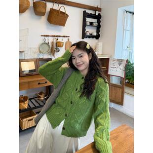 少女感软糯复古麻花毛衣外套女秋冬2025新款 绿色圆领加厚针织开衫