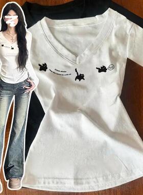 美式白色V领收腰正肩长袖t恤女秋季设计感小众修身内搭打底衫上衣