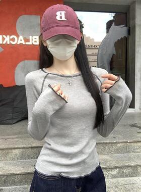 PPHOME设计感小众明线圆领长袖T恤女秋季打底衫灰色修身显瘦上衣