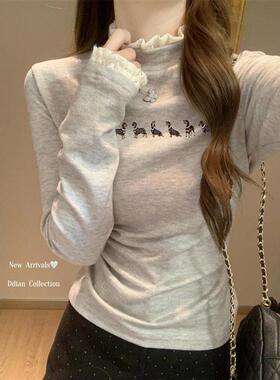 2025新款秋冬内搭磨毛t恤女半高领蕾丝花边加绒长袖正肩显瘦上衣