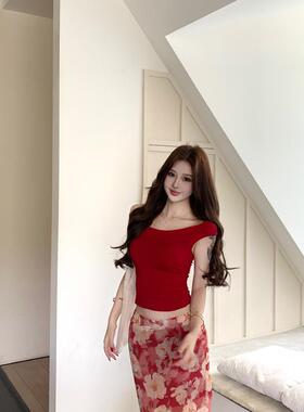 PPHOME红色性感辣妹一字肩短袖T恤上衣女夏季印花包臀半身裙短裙