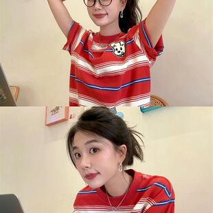 美式复古红色条纹t恤女短袖夏季2025新款宽松独特上衣设计感小众