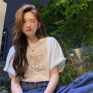 白色t恤上衣夏季超火小众不撞款正肩宽松棉短袖体恤衫女生学院风