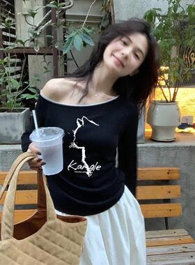 2025秋季新款露肩修身针织打底衫女小众别致长袖内搭撞色斜领T恤