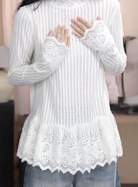 半高领长袖t恤女2025秋季新款韩系精致设计感上衣蕾丝内搭打底衫