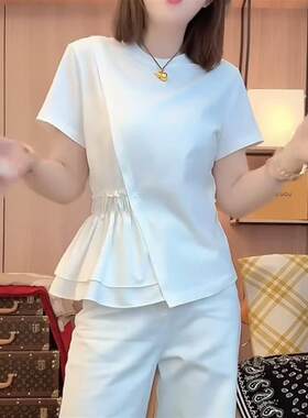 欧洲站大码女装2026新款高端气质女士上衣胖mm荷叶边收腰短袖T恤