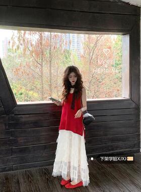 气质百搭慵懒吊带背心女夏季2025新款叠穿红色中长款宽松开叉上衣