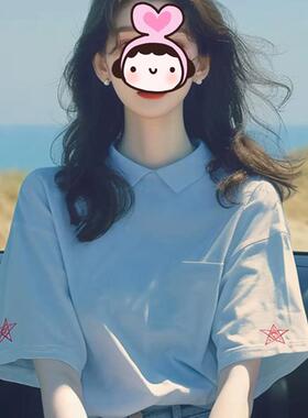 2025新款小个子上衣女生夏季polo衫蓝色韩系甜美宽松显瘦短袖t恤