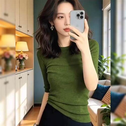 欧货复古绿色针织衫中袖t恤女2026夏大码胖mm独特漂亮巨好看上衣