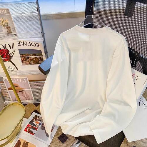 休闲爱心印花长袖t恤女韩版2024秋季新款白色简约宽松内搭打底衫