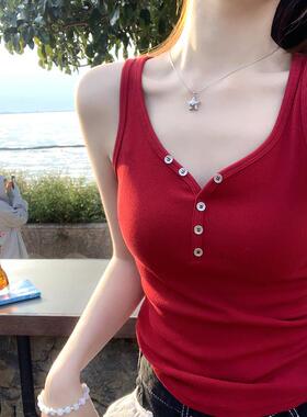 v领红色吊带背心女夏季外穿2025新款修身内搭打底上衣设计感小众