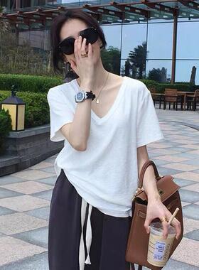 棉白色短袖t恤女2025年新款韩版宽松百搭v领上衣内搭打底衫春夏季