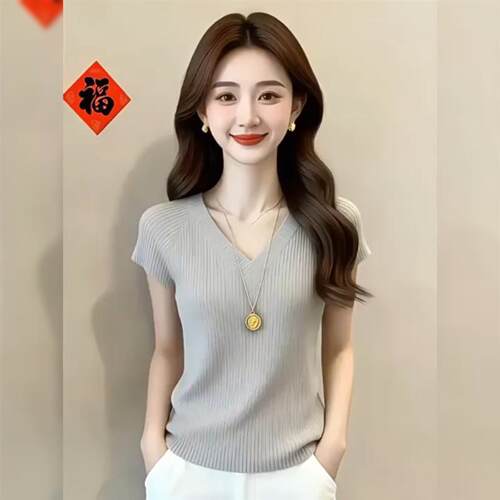 韩系超好看v领正肩短袖针织衫女2026夏大码胖mm独特别致漂亮上衣