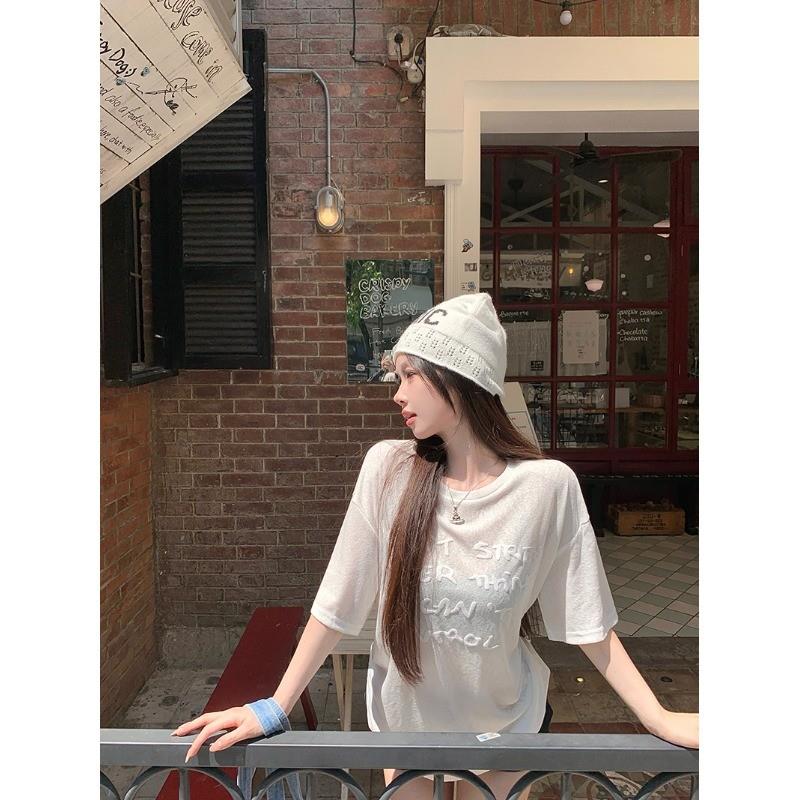 韩系白色字母短袖T恤女夏季薄款微透设计感小众宽松百搭休闲上衣