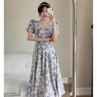 大码 小众连衣裙女裙子胖mm遮肚显瘦长裙 女装 微胖蓝色油画碎花法式