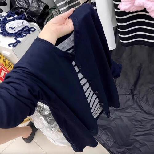 假两件条纹拼接针织开衫女春季大码胖mm圆领显瘦百搭长袖打底上衣