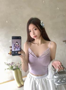 紫色假两件蕾丝花边V领吊带小背心女夏季性感甜辣妹短款外穿上衣