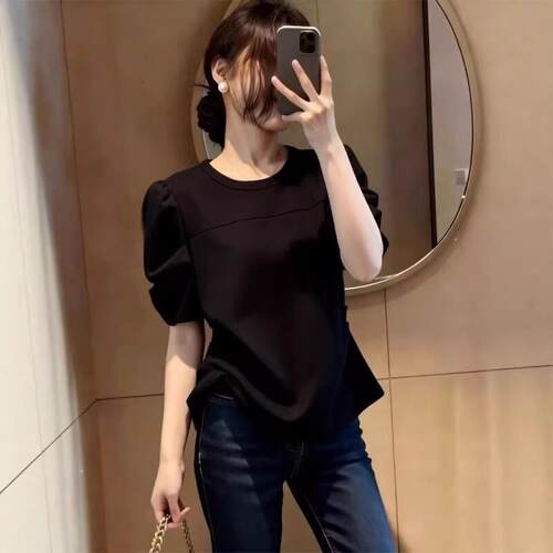 法式设计感黑色圆领泡泡袖T恤女夏季大码胖mm独特漂亮超好看上衣
