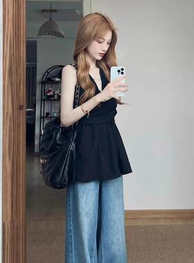 黑色法式V领挂颈无袖衬衫女夏季辣妹外穿背心设计感收腰显瘦上衣