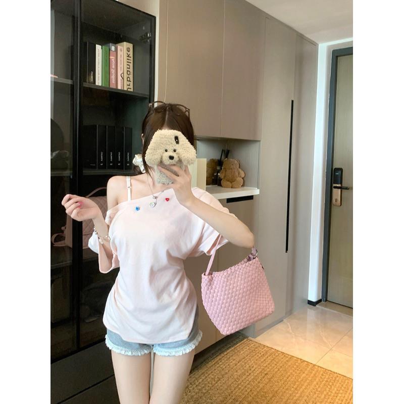 韩系粉色斜肩短袖T恤女装夏季设计感小众系带收腰露肩一字肩上衣