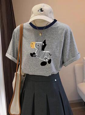 重磅棉短袖t恤女生2025夏季新款盐系正肩宽松撞灰体恤上衣ins潮流