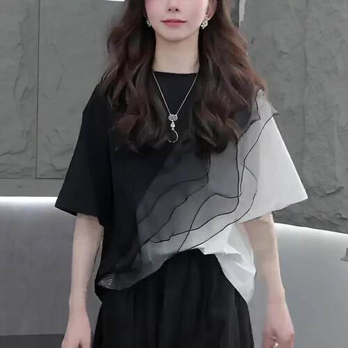 纯棉撞色蕾丝边拼接短袖T恤大码女装2026夏季胖MM宽松设计感上衣