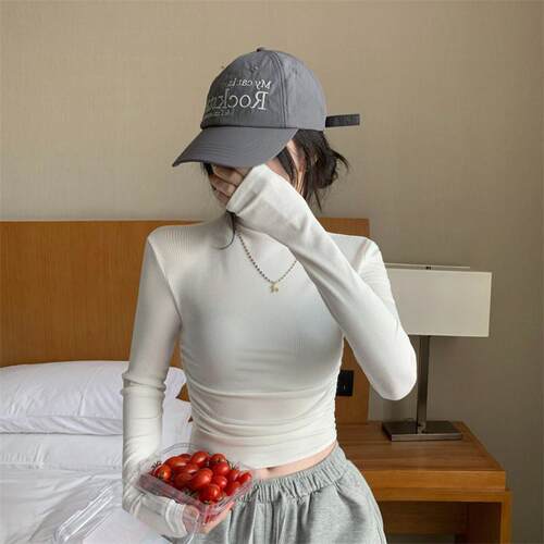 2023春季新款休闲内搭灰色长袖T恤女修身褶皱辣妹半高领打底上衣