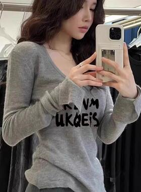 秋冬季2025新款小众设计感喇叭袖t恤高级感灰色修身针织打底衫女