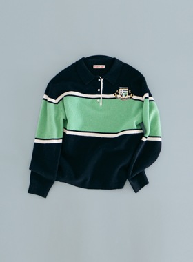 Ohh Cake Eliza伊莱莎 绵羊毛Polo领条纹毛衣 |慵懒保暖 针织上衣