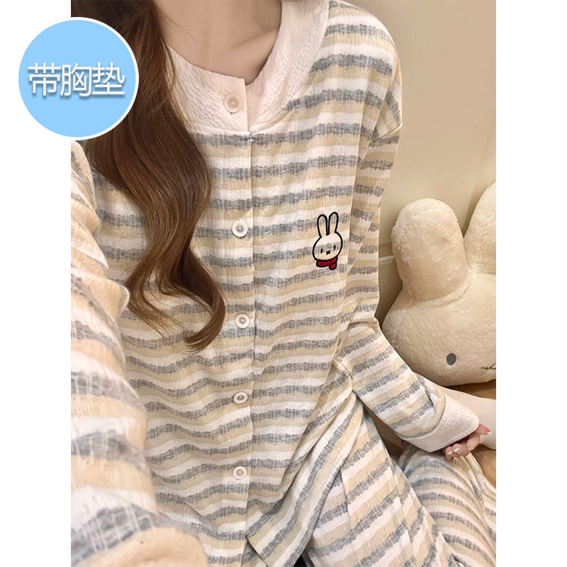 带胸垫睡衣女春秋季纯棉长袖卡通米菲兔甜美风条纹开衫家居服套装,女士内衣/男士内衣/家居服,睡衣/家居服套装,淘宝优惠券,粉丝福利购,淘宝优惠卷