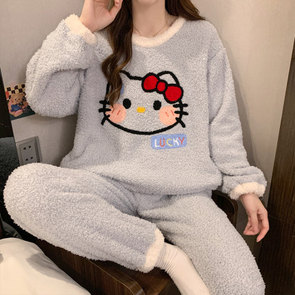 珊瑚绒睡衣女秋冬天季加厚加绒半边绒卡通KT猫可爱套头家居服套装