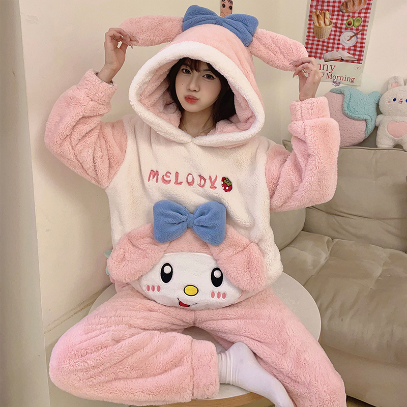 睡衣女秋冬季珊瑚绒加厚加绒法兰绒卡通可爱美乐蒂连帽家居服套装