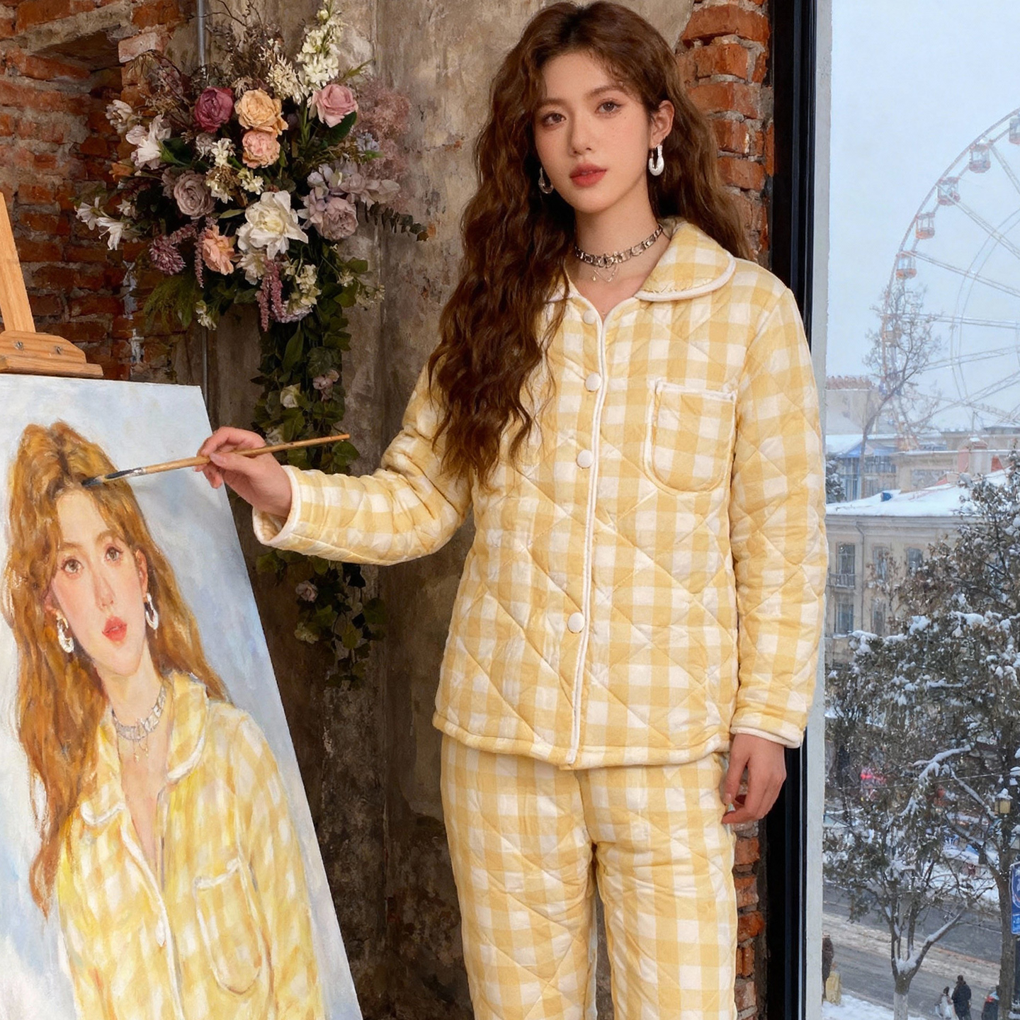 珊瑚绒睡衣女冬季加厚绒三层夹棉