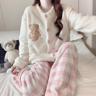 卡通小熊宽松家居服套装 半边绒睡衣女冬季 加厚绒珊瑚绒网红风韩版