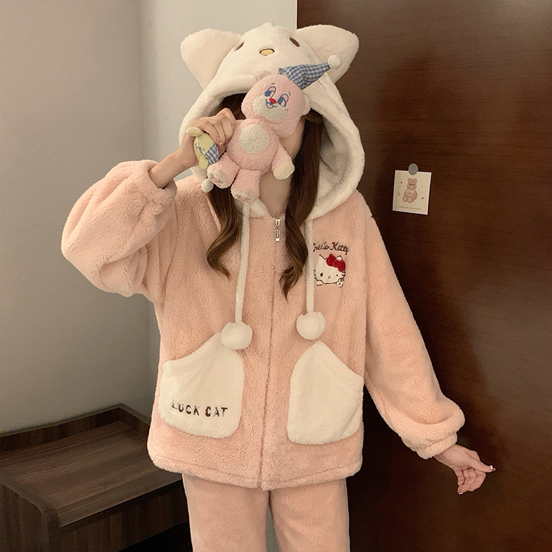 珊瑚绒睡衣女秋冬季加厚绒法兰绒卡通KT猫拉链连帽学生家居服套装