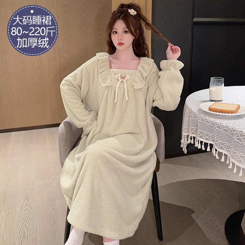 半边珊瑚绒大码睡裙秋冬季加厚绒