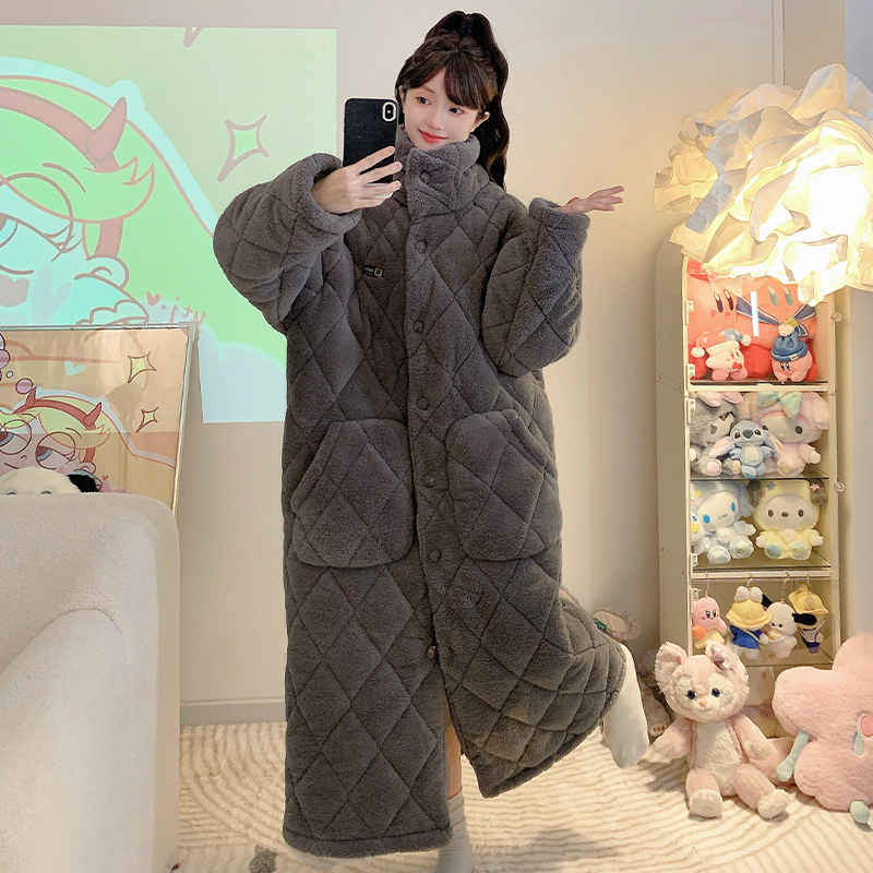 珊瑚绒大码睡袍冬季加厚三层夹棉