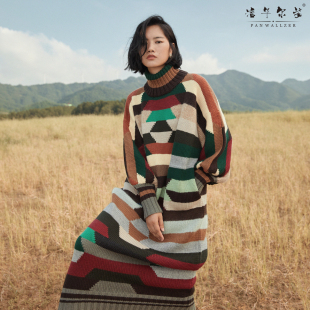 潘华尔姿重磅手工编织长款撞色连衣裙女宽松灯笼袖条纹高端定制