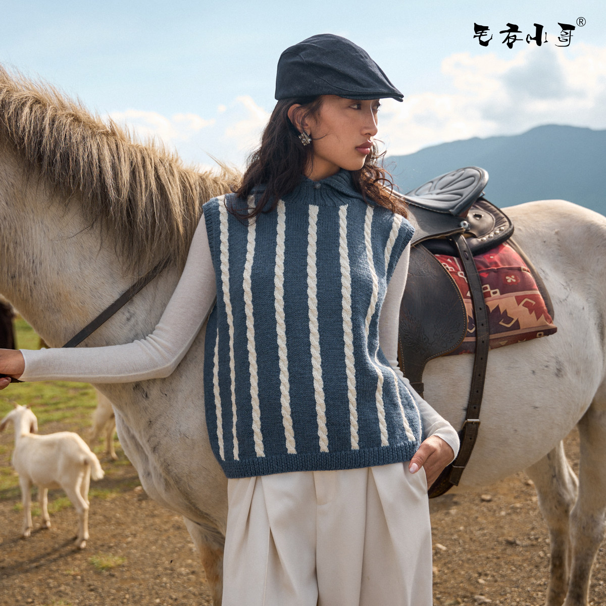 毛衣小哥秋冬手工编织定制盘扣撞色麻花套头毛衣背心女上衣纯羊毛