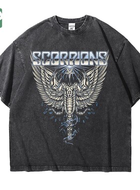 oversize重磅宽松蝎子乐队scorpions摇滚做旧水洗纯棉五分短袖男