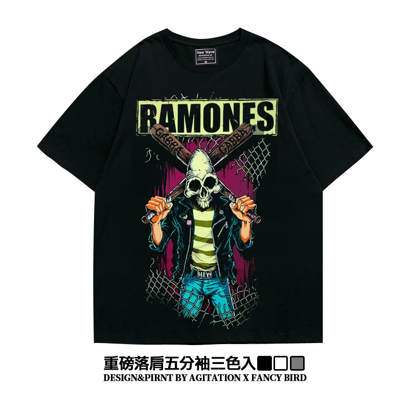ins超火摇滚ramones阿美咔叽美式重磅五分袖落肩oversizeT恤男夏