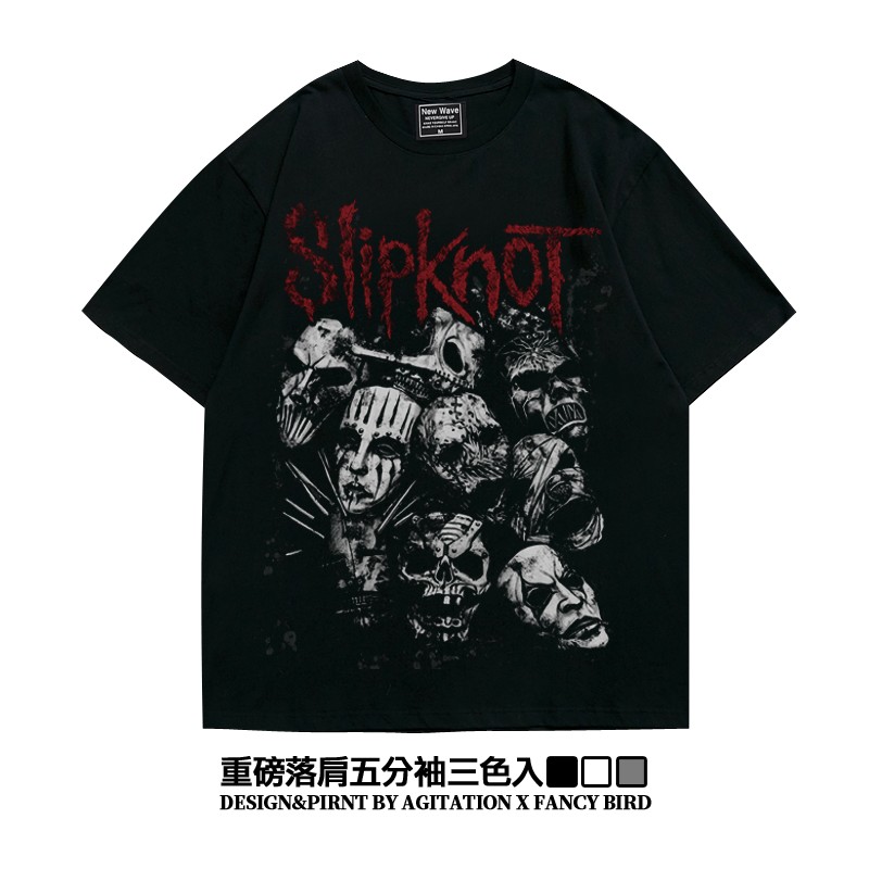摇滚活结slipknot阿美咔叽美式重磅落肩款五分袖oversizeT恤夏男