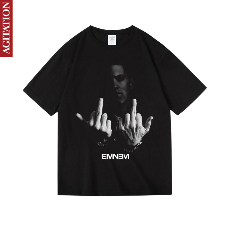 姆爷eminem艾米纳姆中指西海岸hiphop印花衣服周边T恤纯棉短半袖