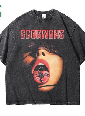 摇滚scorpions蝎子乐队做旧水洗重磅oversize宽松纯棉五分短袖男
