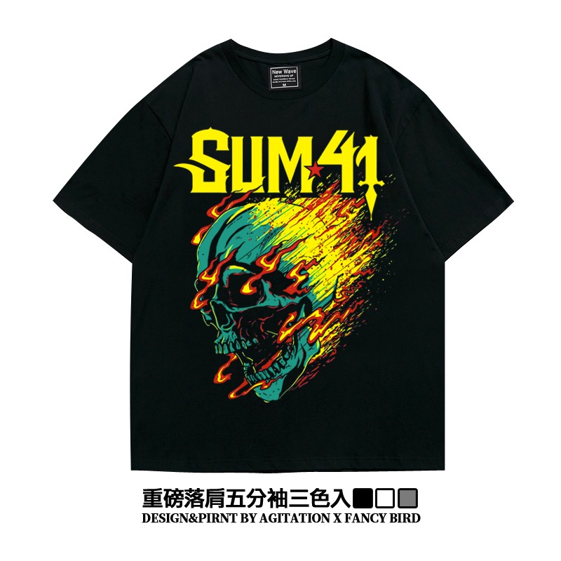 夏季潮牌sum41摇滚ins街头阿美咔叽重磅落肩五分袖纯棉宽松T恤男