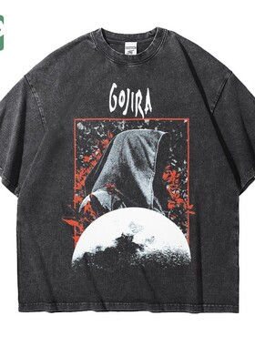 欧美摇滚gojira哥斯拉乐队重磅大码宽松做旧水洗纯棉五分短袖T恤